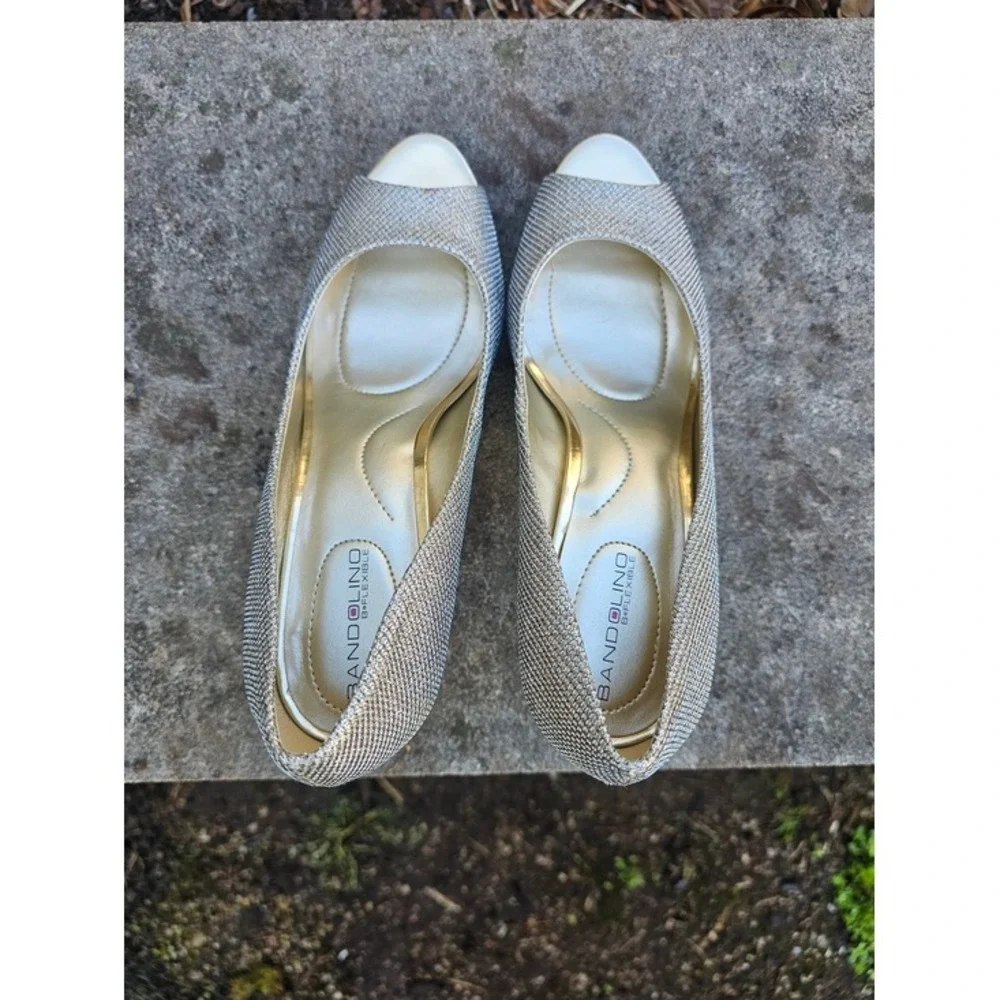 Bandolino Rainaa Peep Toe Pumps‎ 9 Gold Metallic Heels Going Out Gala Formal ~
